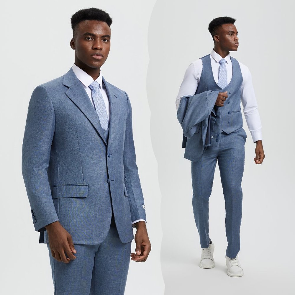 Stacy Adams Sharkskin 3pc Suit w/ Expandable Waistband, Stoned Ocean